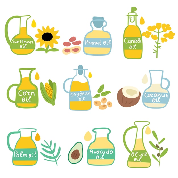 Cooking oils. Food illustrations. Collection of hand drawn vector on white background.