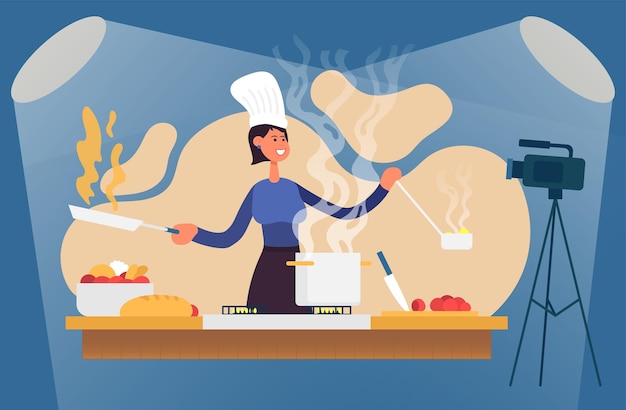 Vector cooking process with chef at the table in kitchen interior vector illustration food blogger