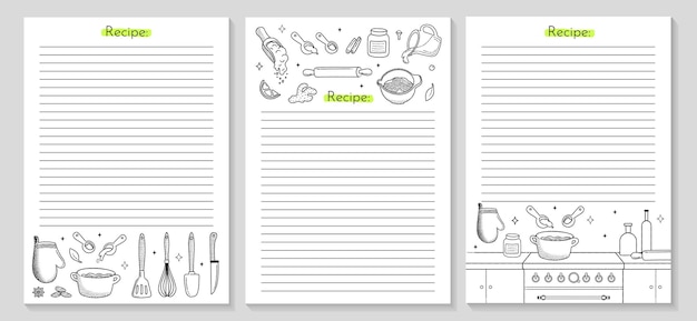 Cooking recipe 3 posters with Kitchen utensils outline icon Empty cookbook pages for homemade baking