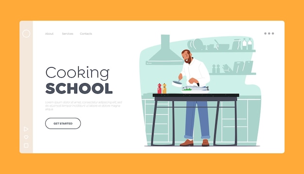 Cooking School Landing Page Template Male Character Cooking Seafood Mature Man Pouring Sauce on Big Fish on Tray