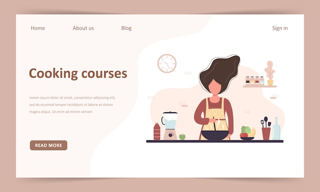 Vector cooking school. online culinary master class. landing page template. girl preparing homemade meals for lunch or dinner. the chef teaches to cook. learning at home. flat cartoon illustration.