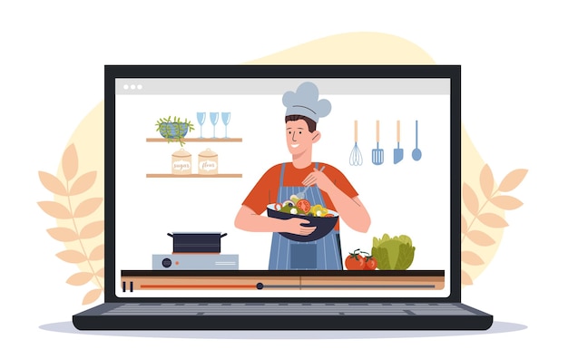 Cooking show at laptop Man in chefs hat prepares salad Food preparation education and learning Course and lesson online Flat vector illustration