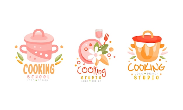 Cooking Studio Logo Design Set Culinary School Labels Hand Drawn Vector Illustration