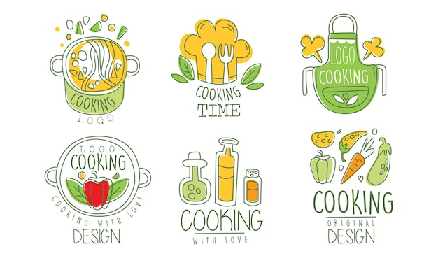 Cooking Time Logo Design Collection Culinary Class Kitchen Cuisine Hand Drawn Badges Vector Illustration