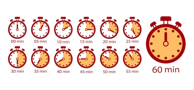 Cooking time set of time counter icons from 5 minutes to 1 hour Stopwatch Timer Clock Vector