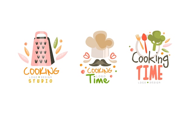 Cooking Time Studio Logo Design Set Cooking Studio Hand Drawn Labels Vector Illustration