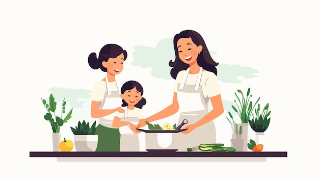 Vector cooking together happy mother and daughter preparation family dinner quality time with loved ones