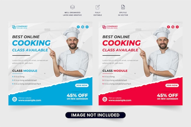 Cooking training center promotional poster layout with photo placeholders Modern chef training social media post vector for marketing Online cooking class advertisement web banner design