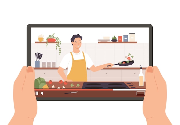 Vector cooking video. hands holding tablet with culinary broadcast, show or online lesson. chef preparing food in kitchen interior vector concept. man character in apron frying vegetables on pan