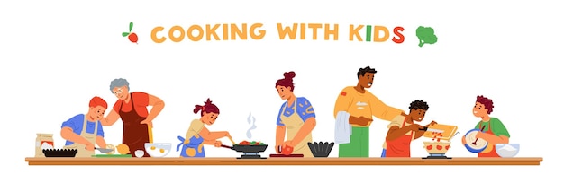 Vector cooking with children horizontal banner different children in aprons cooking together with adults