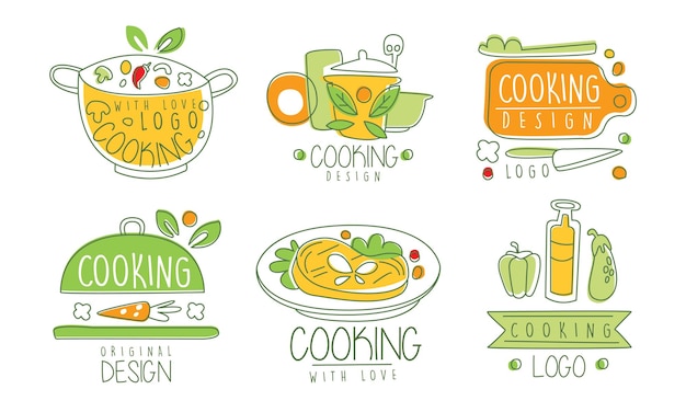 Cooking with Love Logo Design Collection Cooking Class Kitchen Culinary Hand Drawn Badges Vector Illustration