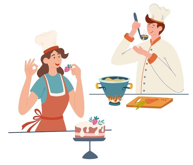 Cooks People cook on the kitchen table Young girl and a guy cook Pastry chef cook cooking concept for restaurants menus and applications Cartoon character flat vector illustration