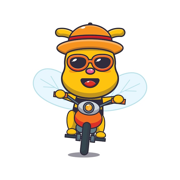 Cool bee cartoon mascot character ride motocycle in summer day