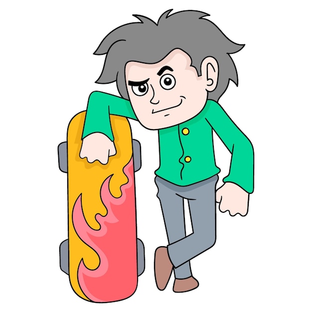 Cool boy is posing with his proud skateboard doodle icon image kawaii