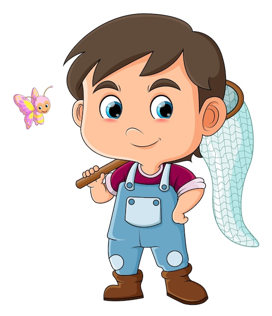 The cool boy is ready to catch a cute small butterfly while holding net