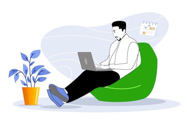 Cool Boy using laptop on bean bag illustration vector design elements