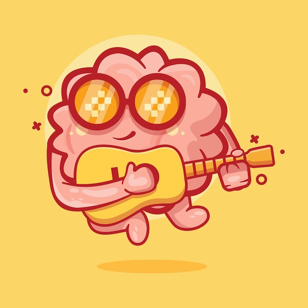 cool brain character mascot playing guitar isolated cartoon in flat style design