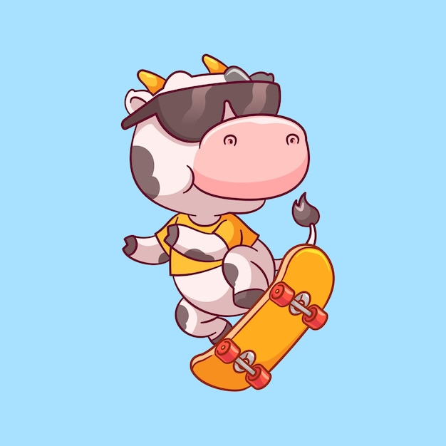 Cool cartoon cow playing skateboard