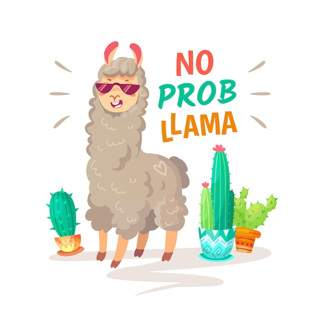 Cool cartoon doodle alpaca lettering quote with No prob llama. 