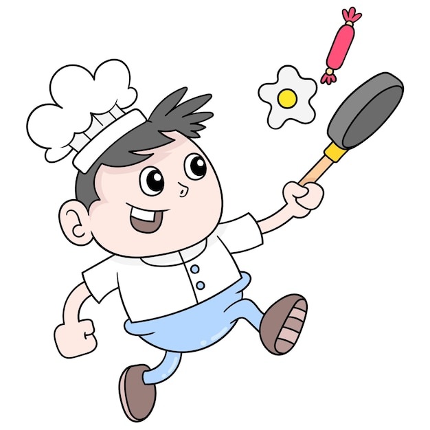 The cool chef boy is cooking beef eye eggs and fried sausage. doodle icon kawaii.