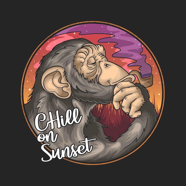 Cool chimpanzee cartoon smoking pipe on summer sunset background and Chill on Sunset lettering