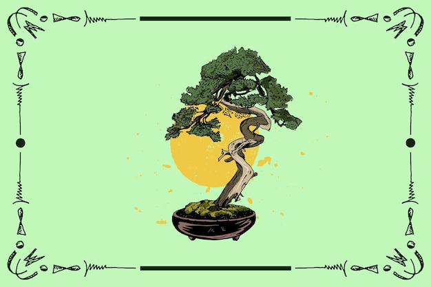 Cool color bonsai plant illustration on the sun background