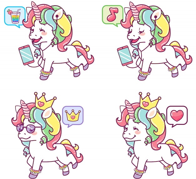 Cool colorful unicorns in different actions