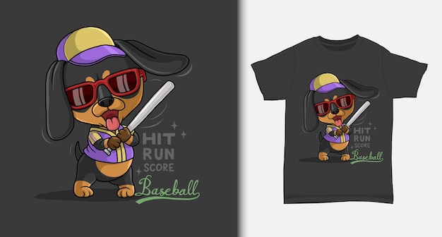 Cool dachshund playing baseball with tshirt design