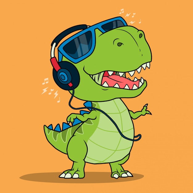 Cool dinosaur listening music with headphones.