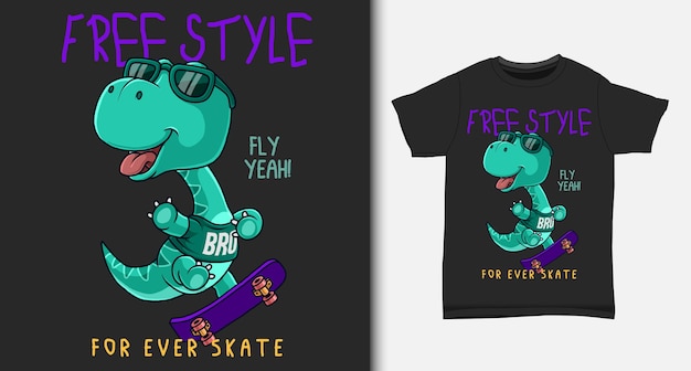 Cool dinosaur playing skateboard. with t-shirt design.