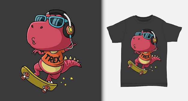 Cool dinosaur playing skateboard with tshirt design