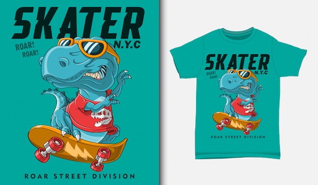 Cool dinosaur playing skateboarding illustration with t-shirt design, Hand drawn