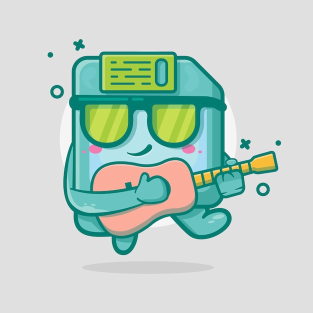 cool floppy disk character mascot playing guitar isolated cartoon in flat style design