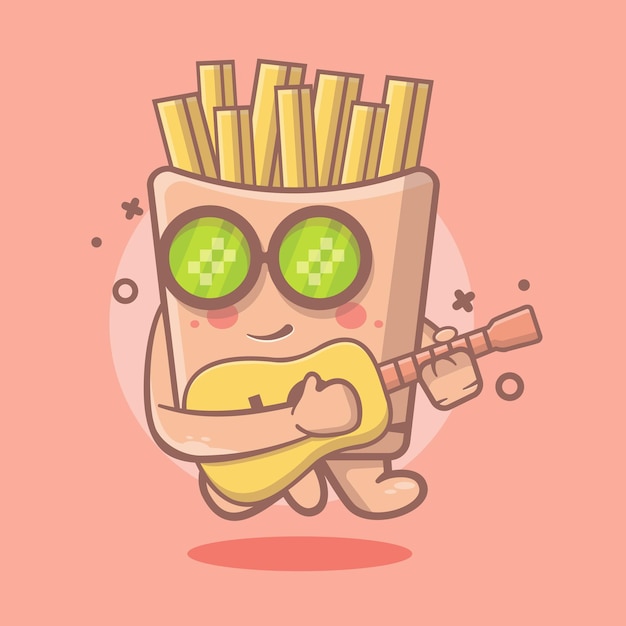 cool french fries food character mascot playing guitar isolated cartoon in flat style design