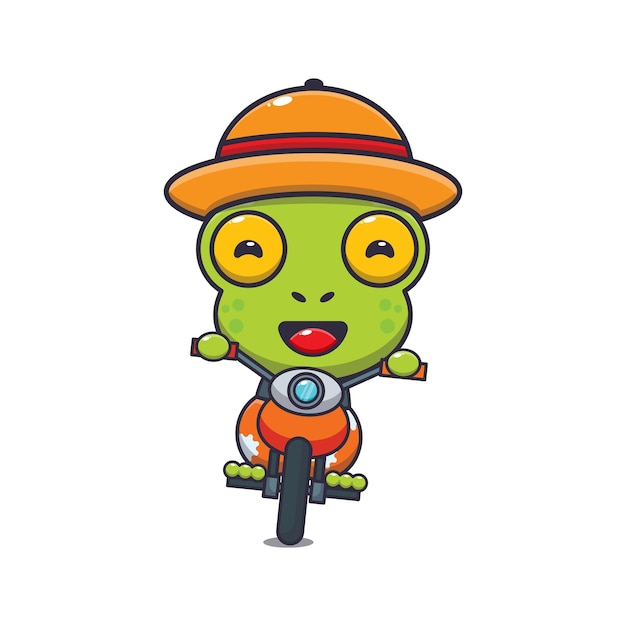 Cool frog riding a motorcycle in summer day.