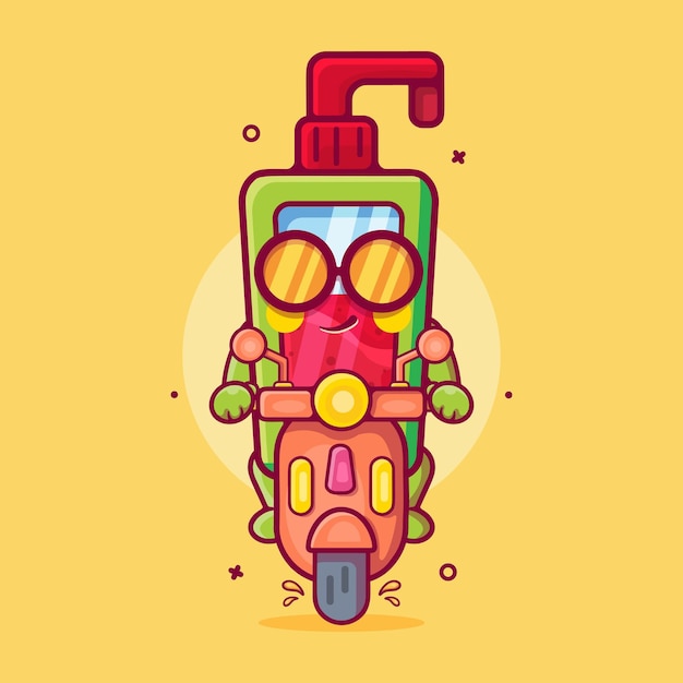 cool hand sanitizer bottle character riding scooter motorcycle isolated cartoon in flat style design