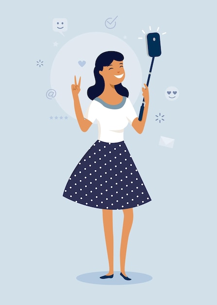 Cool happy girl making selfie photo with Smartphone. flat character design, vector illustration