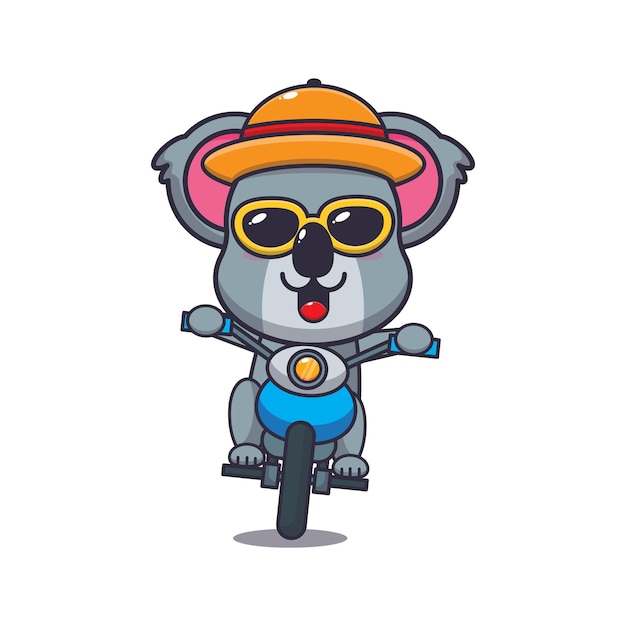 Cool koala cartoon mascot character in sunglasses ride motocycle in summer day