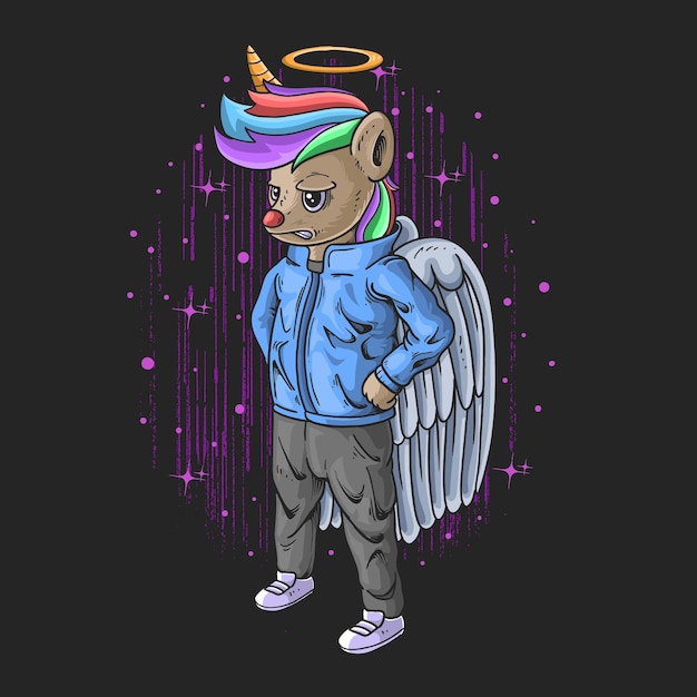 Cool little unicorn angel with casual clothes illustration on black background with pink stars