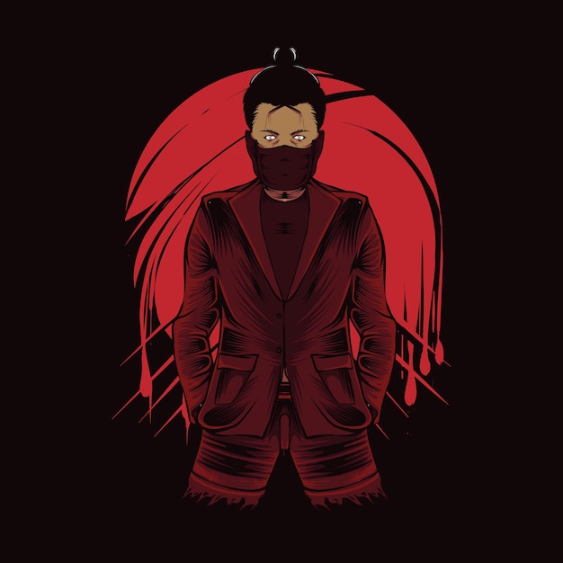 Cool man japanese with suit illustration for t-shirt design and print