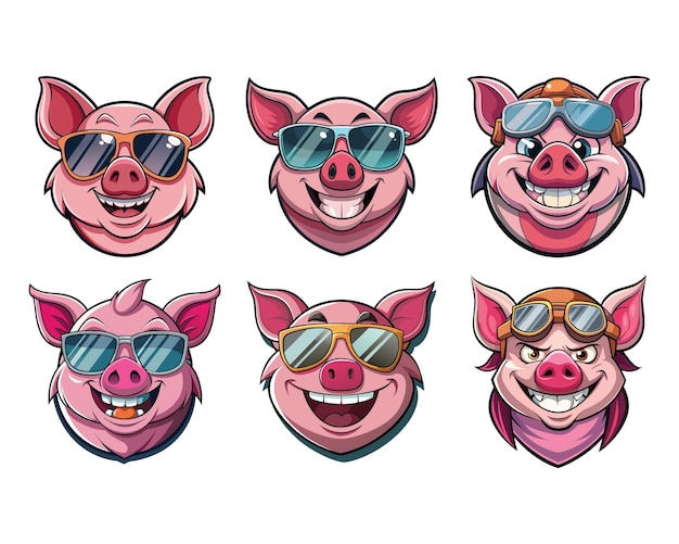 Cool Pig Faces with Sunglasses Cartoon Style