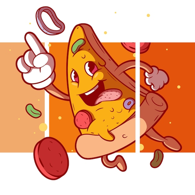 Cool Pizza slice character with a 3d Effect vector illustration. Funny, food, brand design concept.