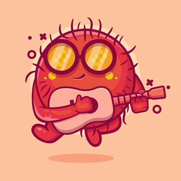 cool rambutan fruit character mascot playing guitar isolated cartoon in flat style design