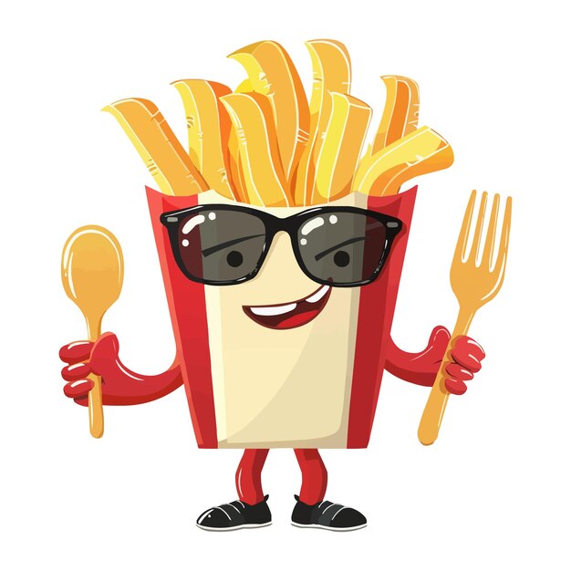 A cool red French fries character with sunglasses holding up a Spoon