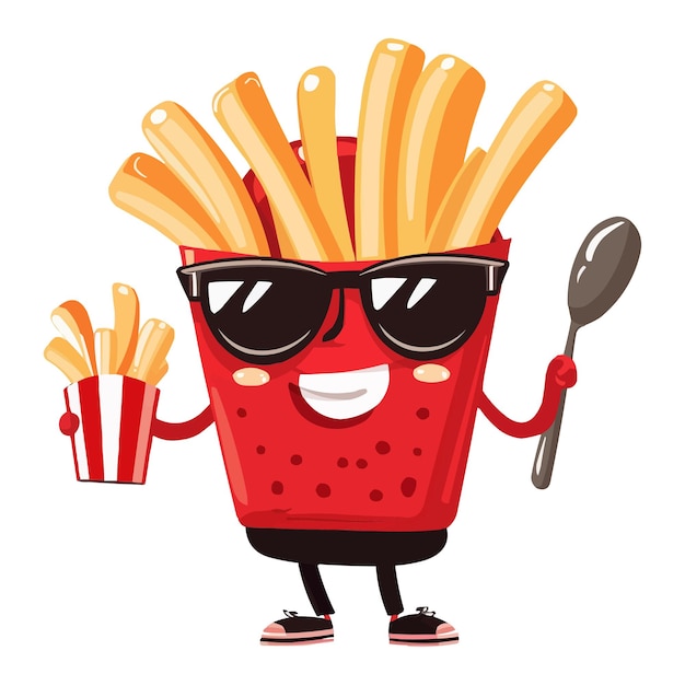 Vector a cool red french fries character with sunglasses holding up a spoon