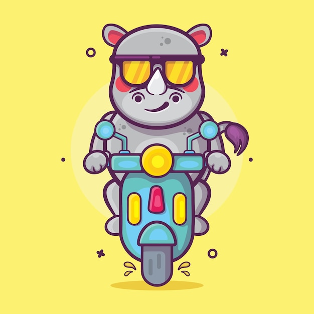 cool rhino animal character mascot riding scooter motorcycle isolated cartoon