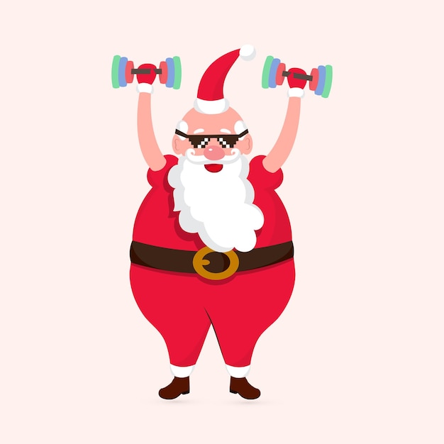 Cool Santa Clause wearing Black Goggles Happy and Lifting Dumbbells