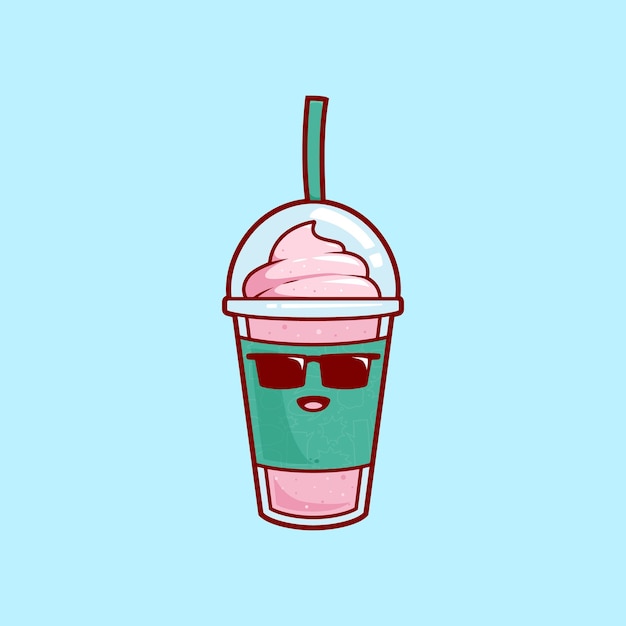 Cool style with sunglasses strawberry smoothies milkshake juice with ice cream topping illustration vector cartoon character