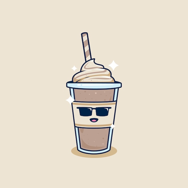 Cool swag with sunglasses chocolate milkshake in takeaway cup with whip cream topping illustration frappe coffee in plastic cup illustration mascot cartoon character