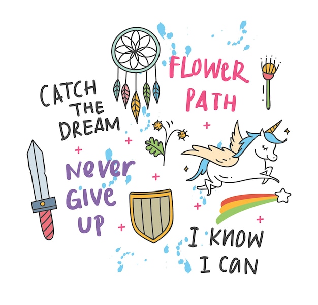 Cool t shirt design in doodle style with patches and hand written quotes